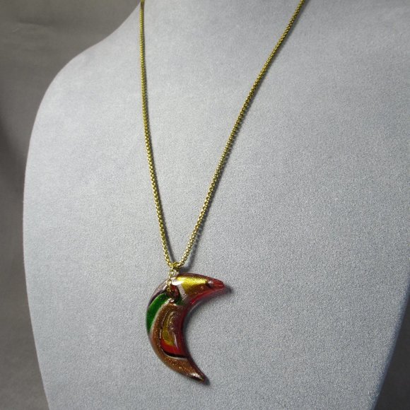 Crescent Moon Pendant, Hand Poured Art Glass Necklace - Picture 4 of 6